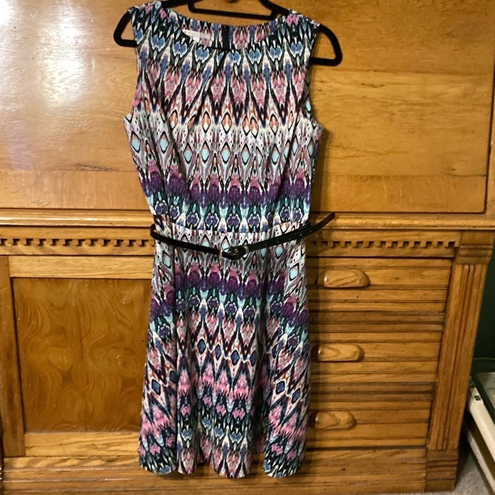 Signature by Darby Boho Chic Ikat Print Belted Fit & Flare Dress Abstract Sz 14